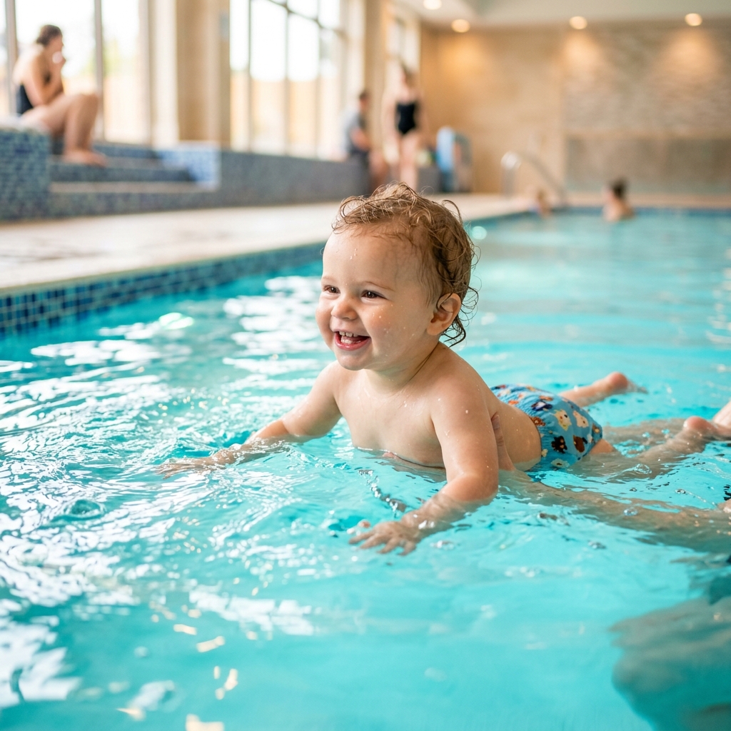 Bebê nadando feliz na piscina